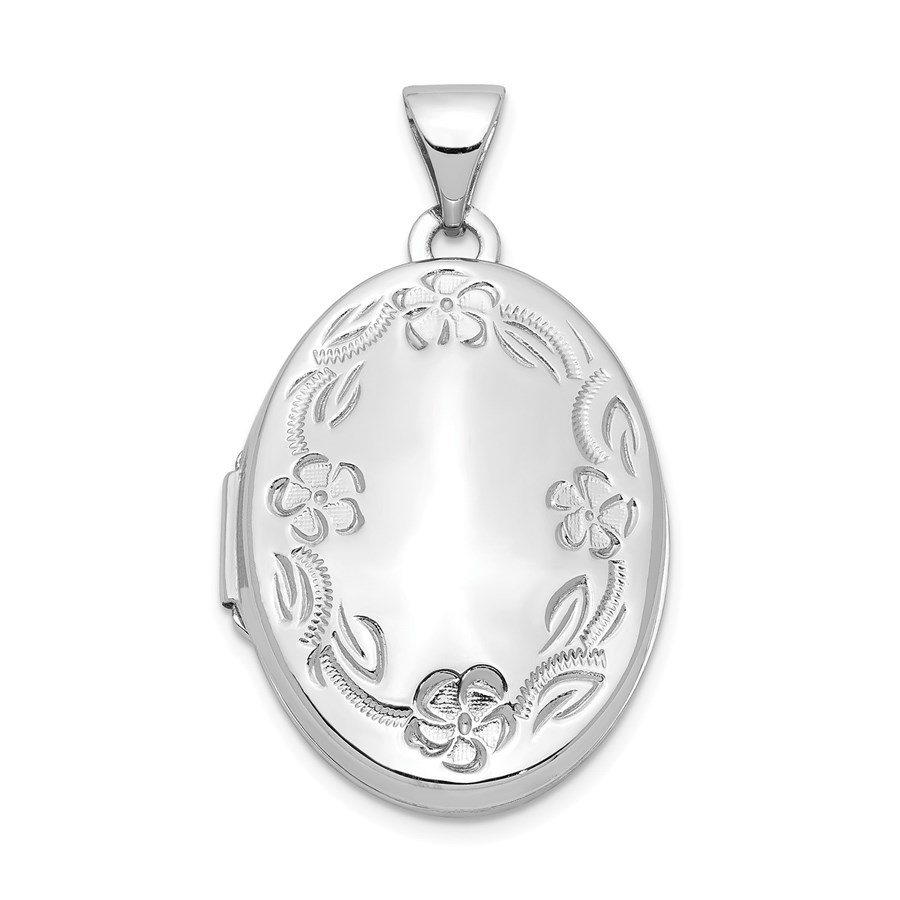 14k White Gold Oval Leaf Floral Scroll Border Locket - 30 mm