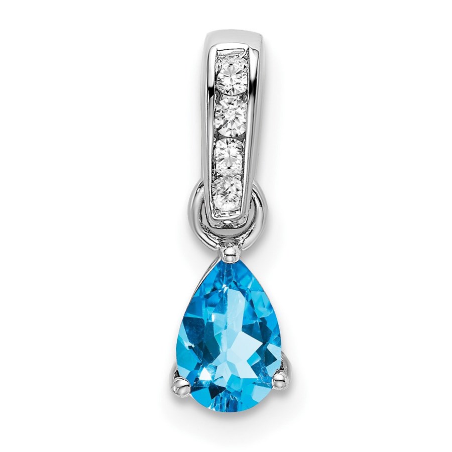 14K White Gold Pear Blue Topaz and Diamond Pendant - 16.3 mm