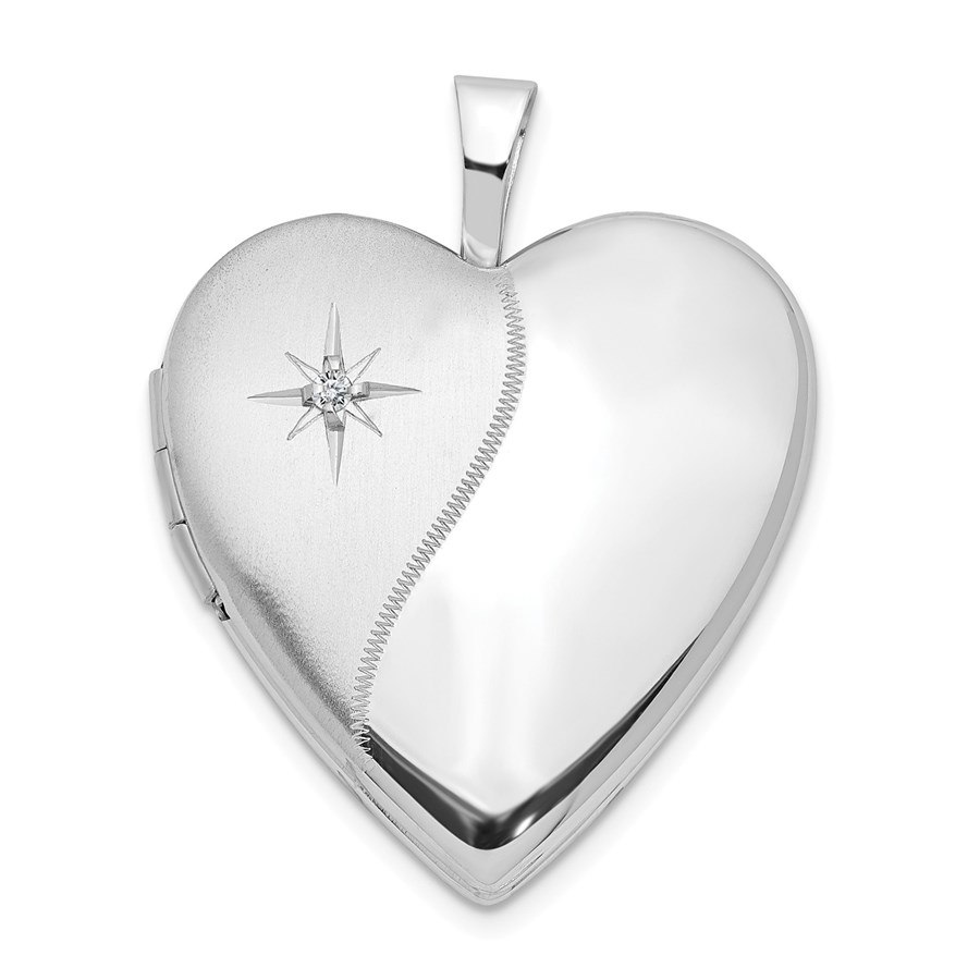 14k White Gold Polished Satin w/ Diamond Heart Locket - 25 mm