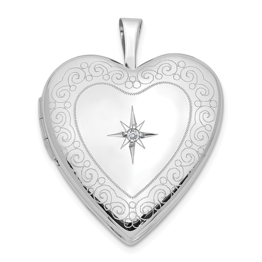 14k White Gold Side Swirls w/ Diamond Heart Locket - 25 mm