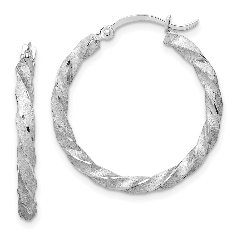 14K White Gold Twisted Satin Diamond-Cut Hoop Earrings - 26 mm