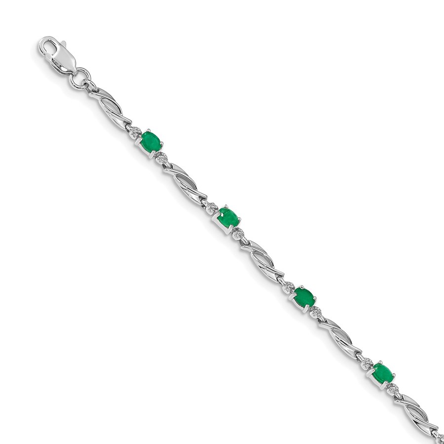 14K White Gold w/ Diamond and Emerald Linked Bracelet - 7 in.