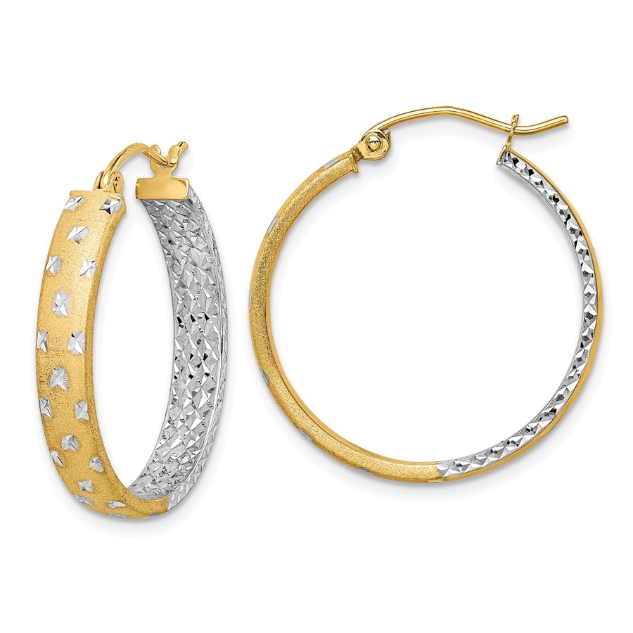 14k with Rhodium Diamond-cut Two-Tone Hoop Earrings - 25 mm