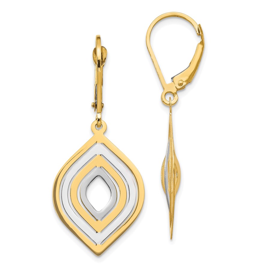 14K with Rhodium Polished Leverback Earrings - 34 mm