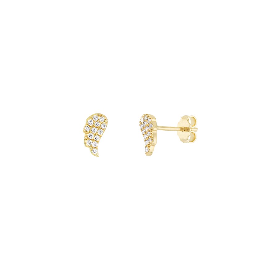 14K Yellow Gold 1/10Ct Pave Dia Angel Wings Stud Earring