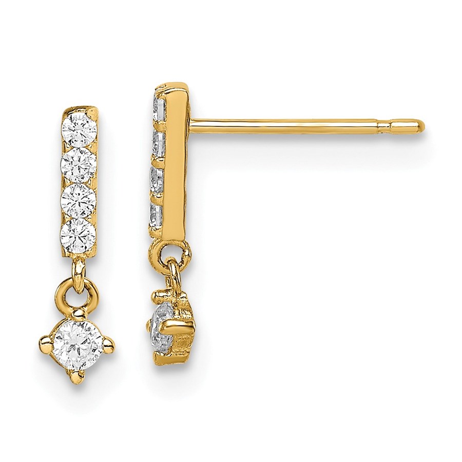 14k Yellow Gold Bar with Dangle Cubic Zirconia Post Earrings