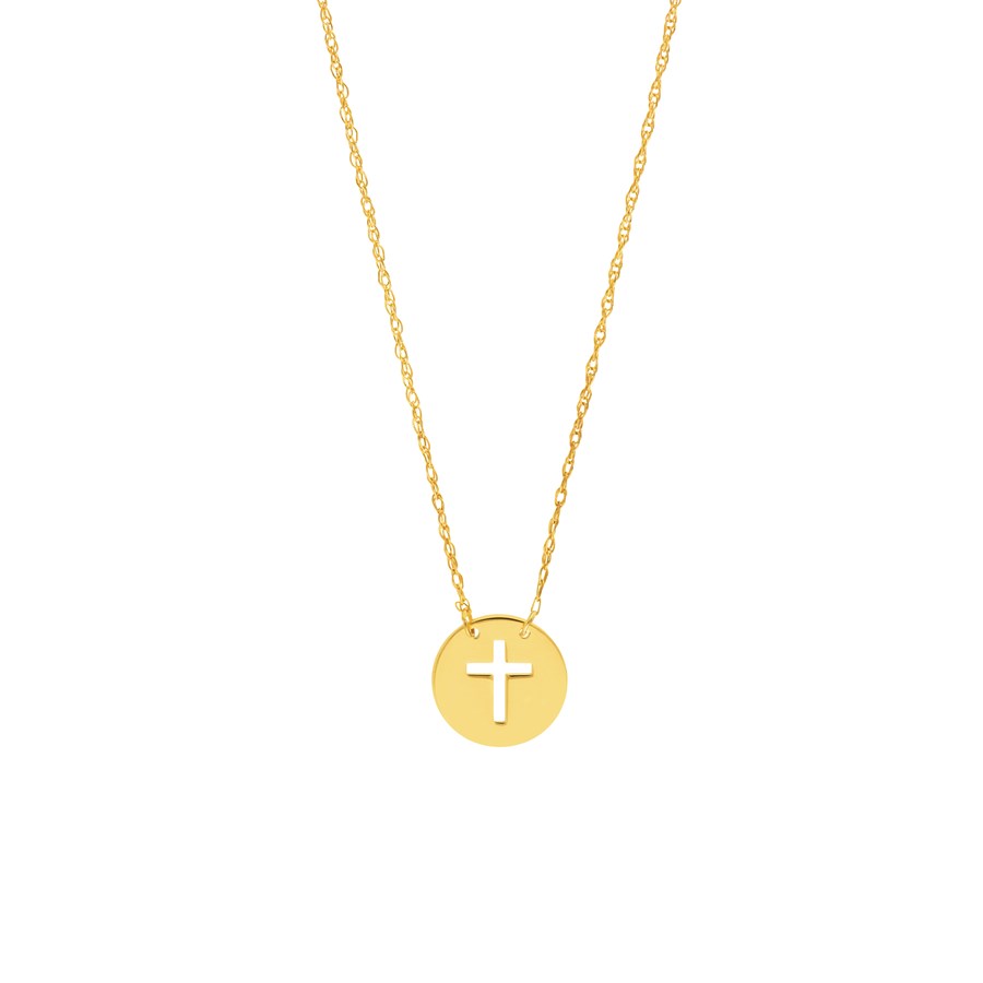 14K Yellow Gold Cross Mini Disc Pendant Rope Necklace - 16"-18"