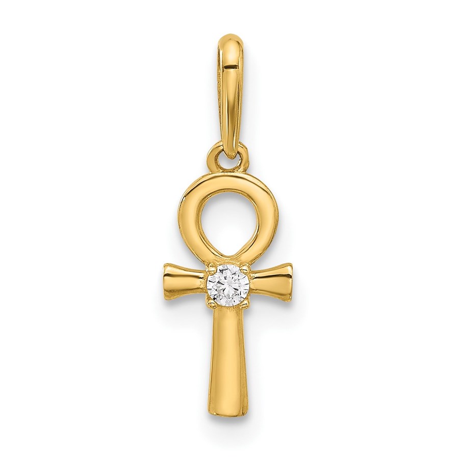 14K Yellow Gold CZ Ankh Cross Pendant - 18.2 mm