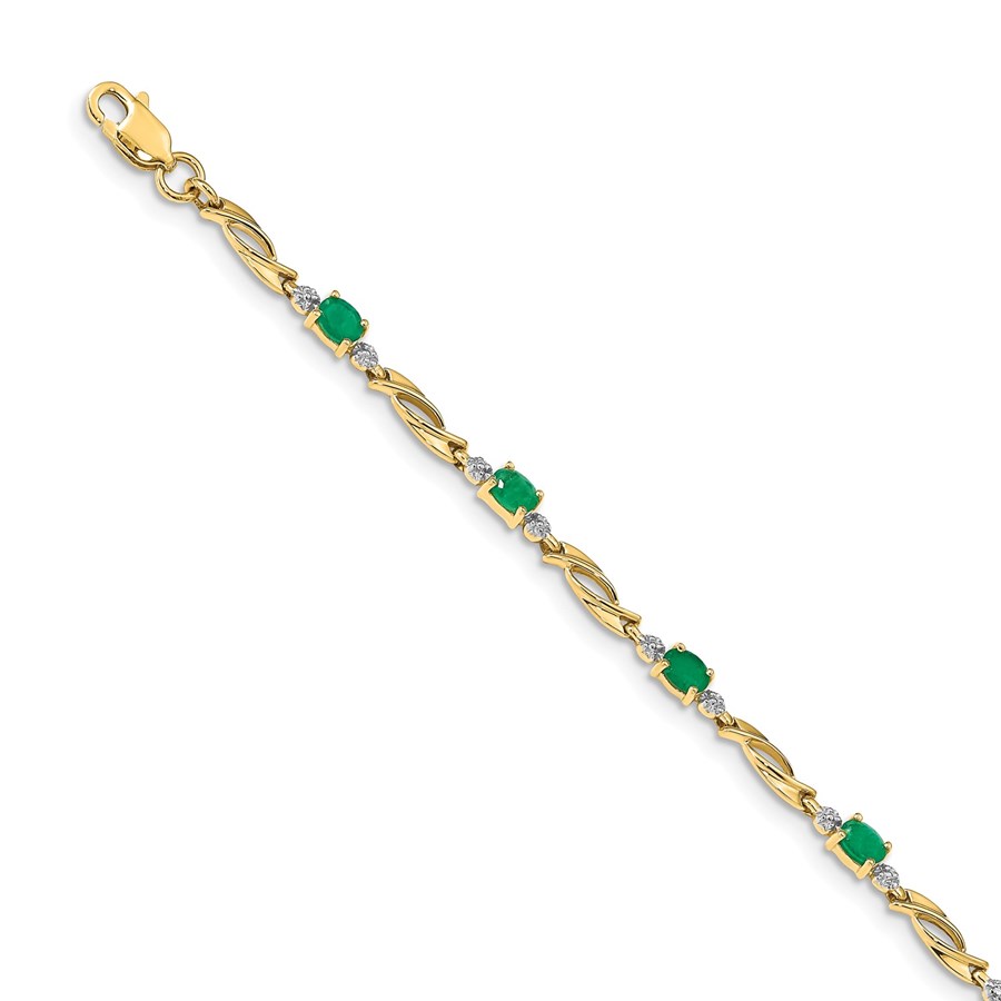 14k Yellow Gold Diamond and Emerald Oval Link Bracelet - 7 in.