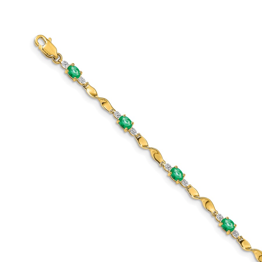 14k Yellow Gold Diamond and Emerald Oval Linked Bracelet - 7 in.