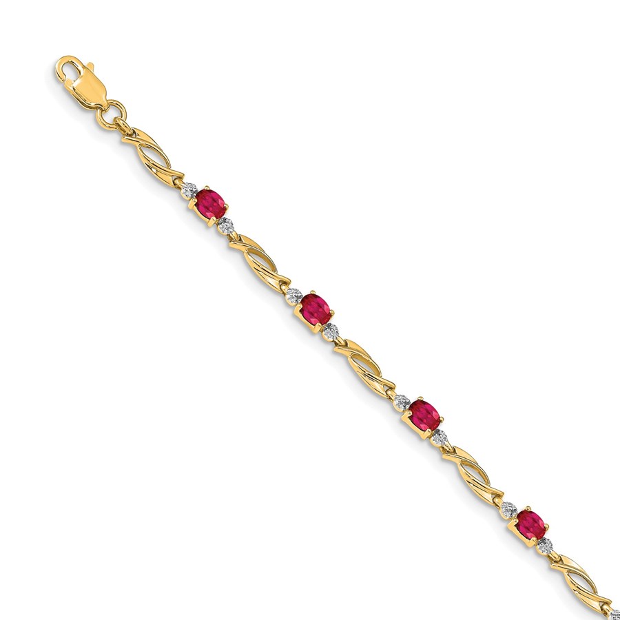 14k Yellow Gold Diamond and Ruby Oval Link Bracelet - 7 in.