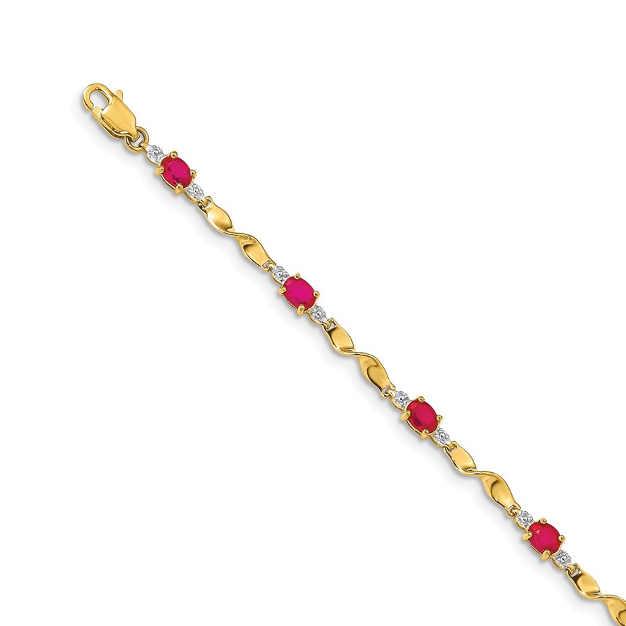 14k Yellow Gold Diamond and Ruby Oval Linked Bracelet - 7 in.