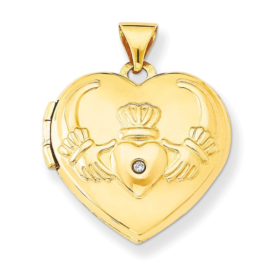 14k Yellow Gold Diamond Claddagh Heart Locket - 20 mm