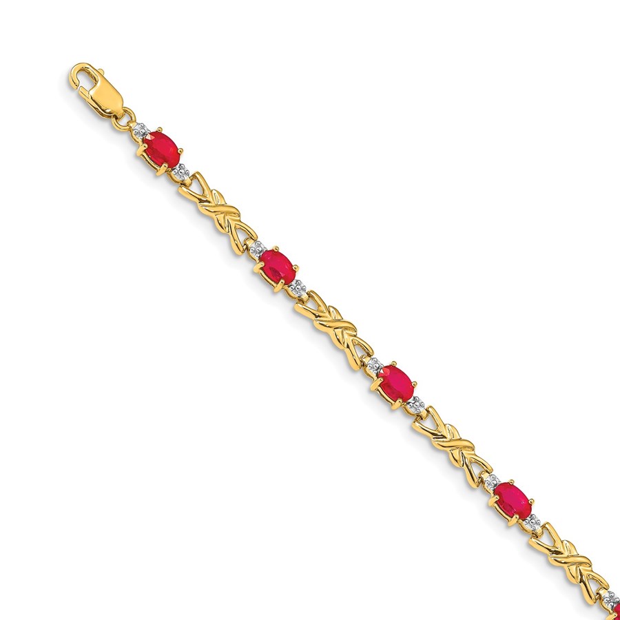14k Yellow Gold Diamond Composite Ruby Cross Bracelet - 7 in.