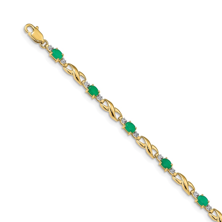 14k Yellow Gold Diamond Emerald Oval Link Bracelet - 7 in.