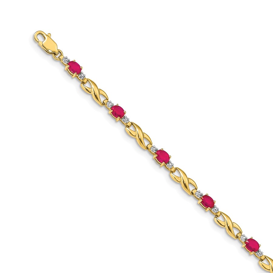 14k Yellow Gold Diamond Ruby Oval Bracelet - 7 in.