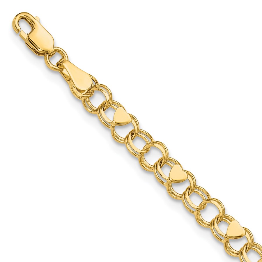 14K Yellow Gold Double Link Heart Charm Bracelet - 6 mm