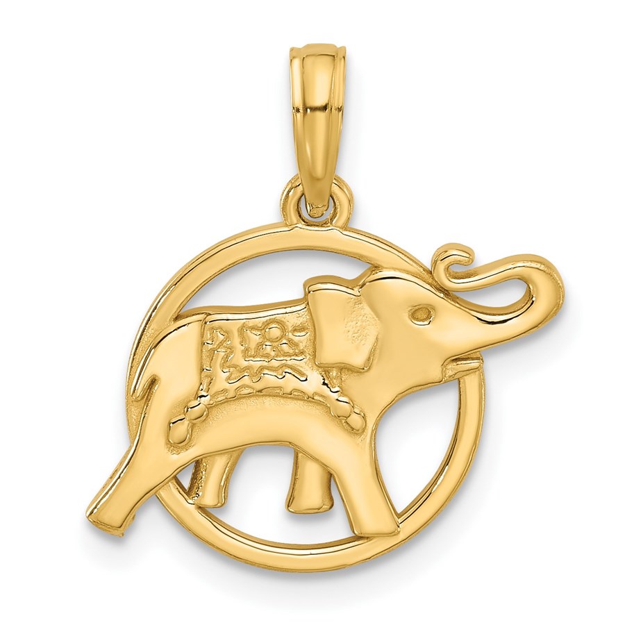 14K Yellow Gold Elephant in Circle Charm - 21 mm