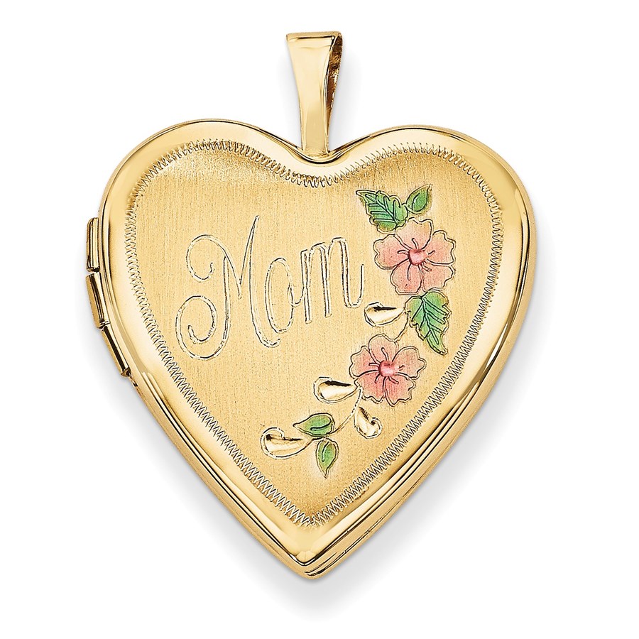 14k Yellow Gold Enamel Flowers Mom Heart Locket - 24 mm