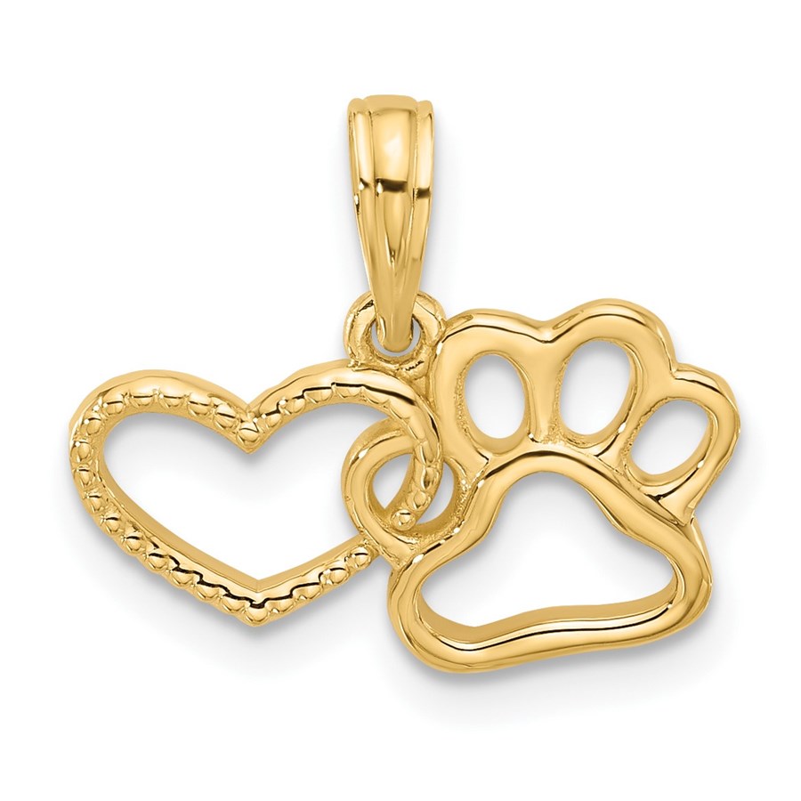 14K Yellow Gold Fancy Heart and Paw Charm - 16 mm