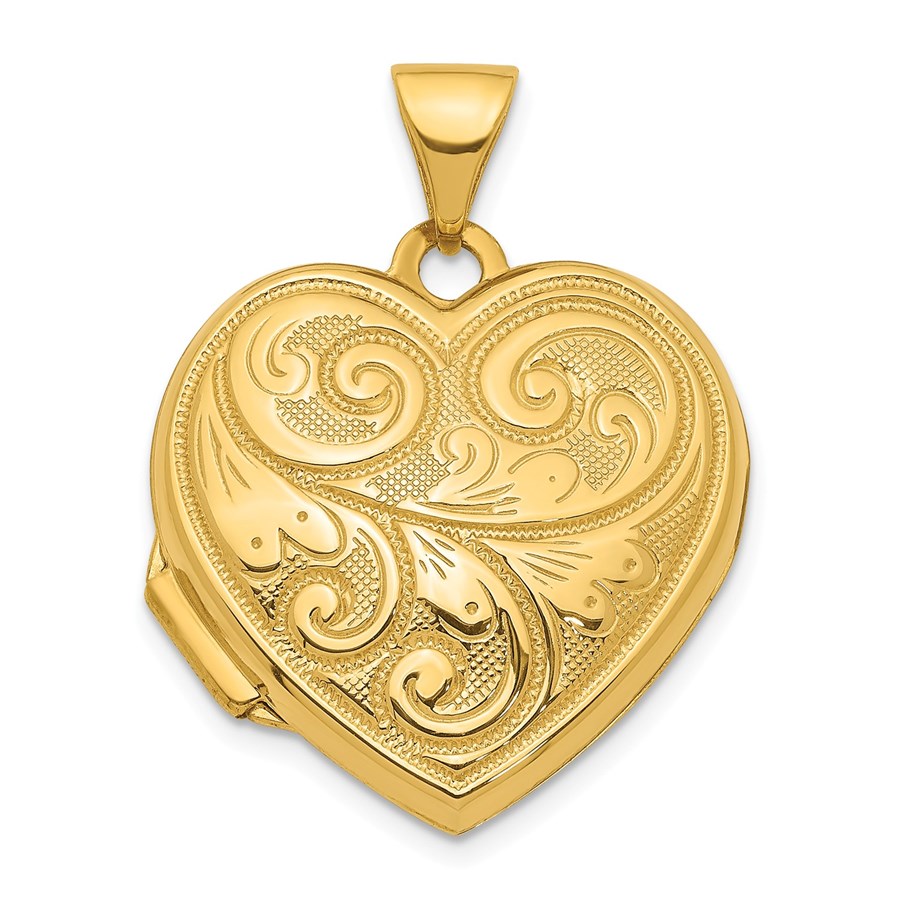 14k Yellow Gold Floral Etched 19 mm Heart Locket Pendant