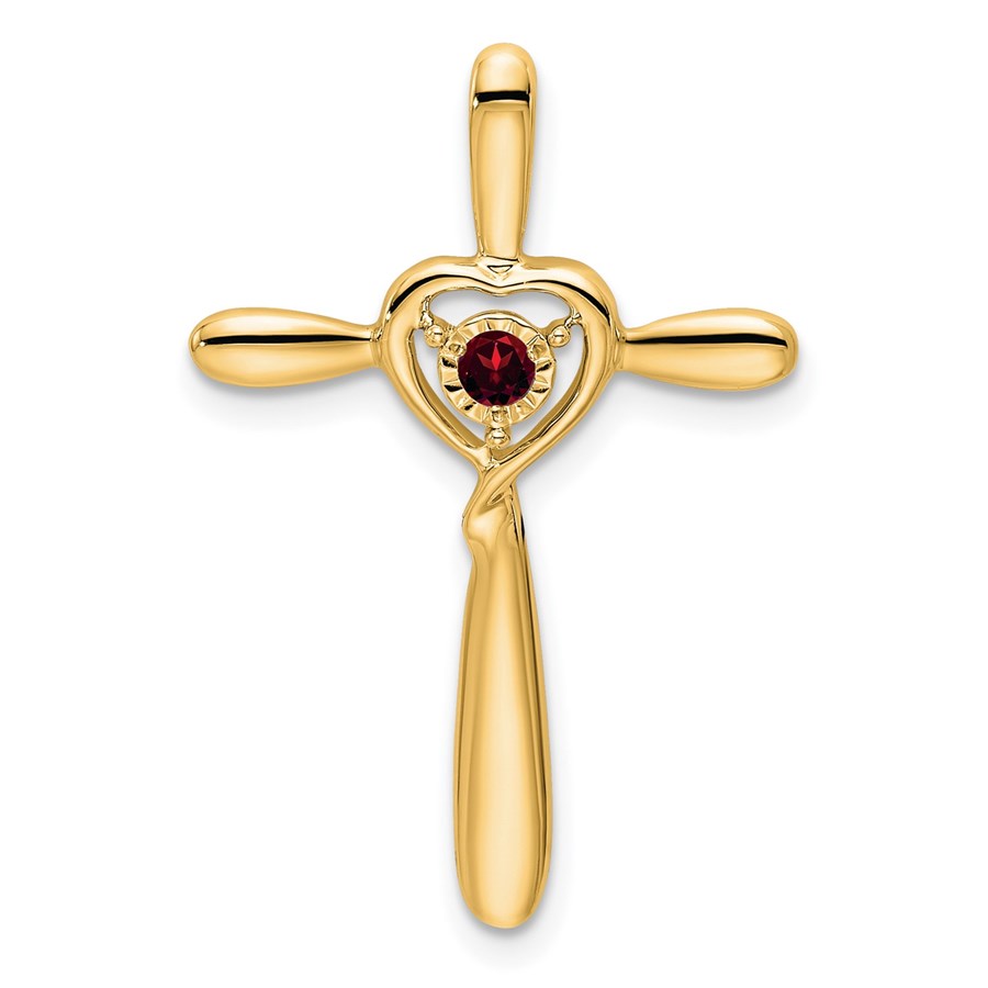 14K Yellow Gold Garnet Cross w/Heart Chain Slide - 26.8 mm