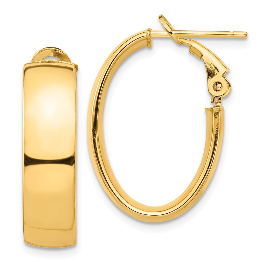 14k Yellow Gold Omega Back Oval Hoop Earrings - 7x13 mm