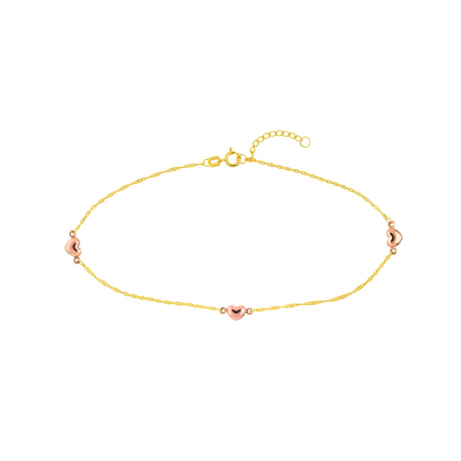 14K Yellow Gold Pink Heart Anklet - 9 - 10 in.