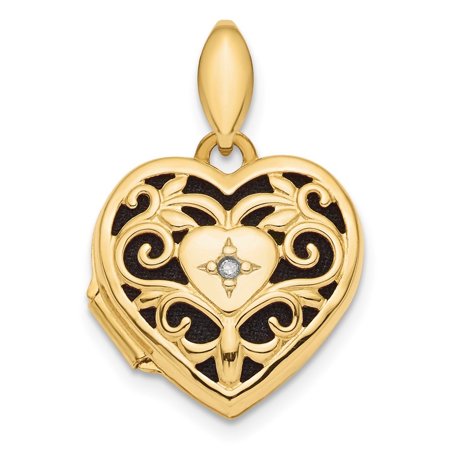 14k Yellow Gold Polished Filigree Diamond Heart Locket - 15 mm