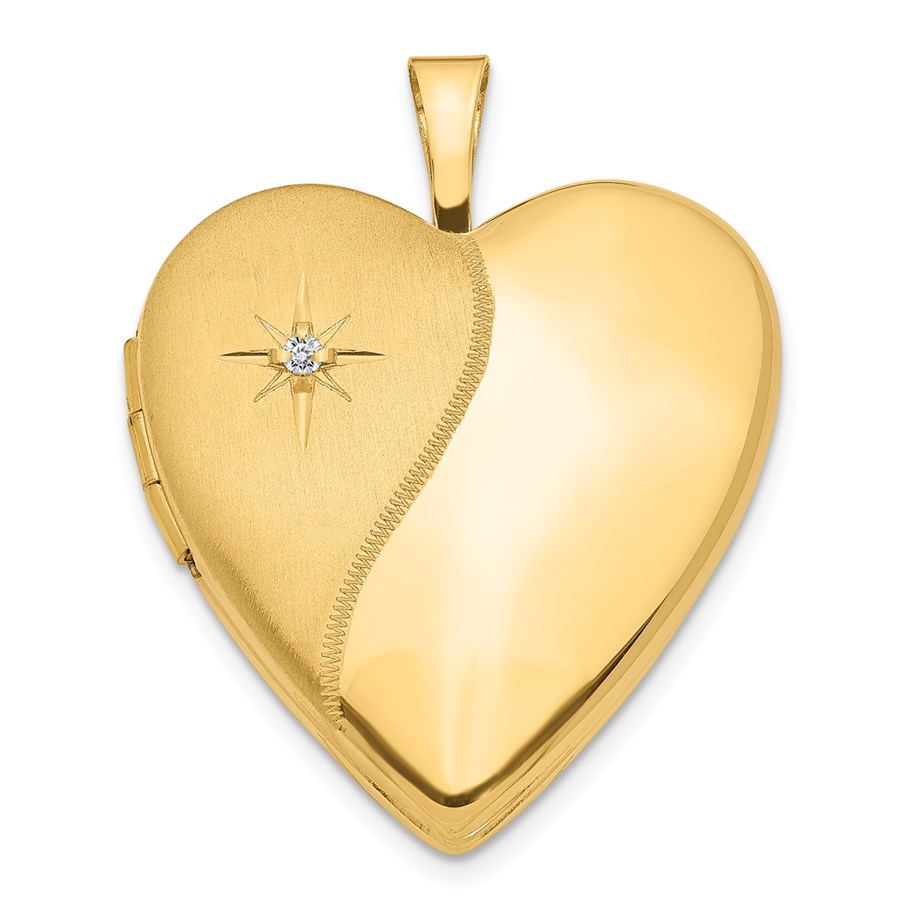 14k Yellow Gold Polished Satin w/ Diamond Heart Locket - 25 mm