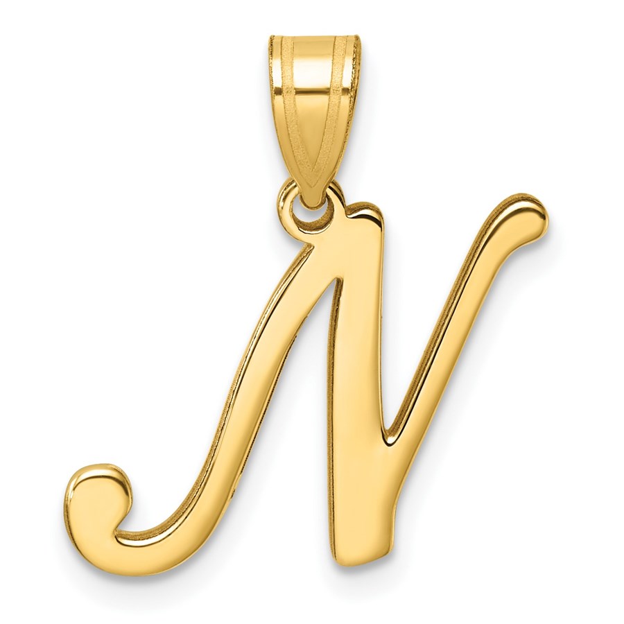 14K Yellow Gold Script Letter N Initial Pendant - 24 mm