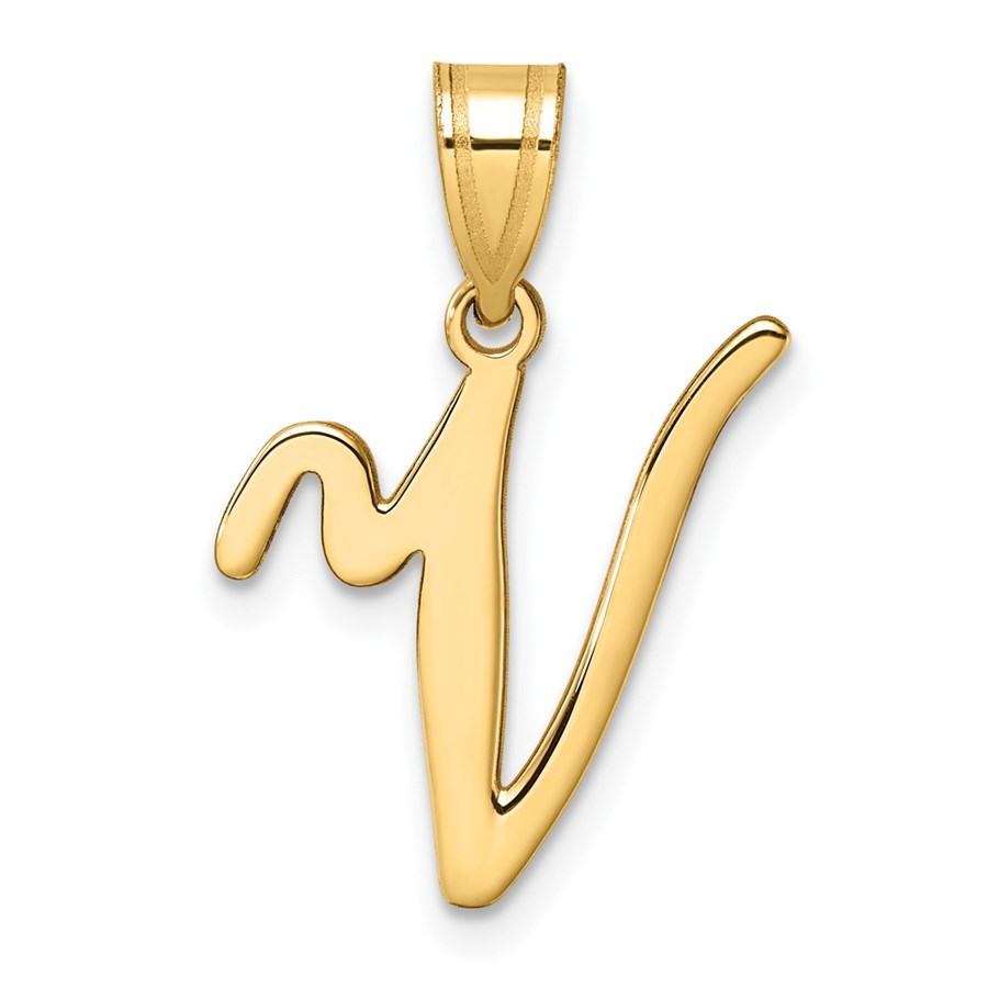 14K Yellow Gold Script Letter V Initial Pendant - 24.2 mm