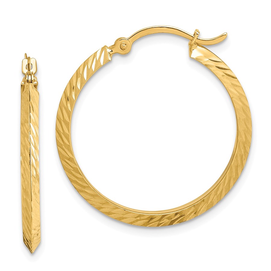14k Yellow Gold Textured Diamond-Cut Hoop Earrings