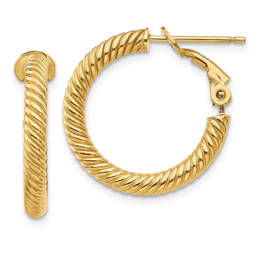 Buy 14k Yellow Gold Twisted Round Omega Back Hoop Earrings - 15 mm | APMEX