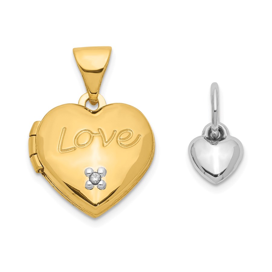 14k Yellow Gold Two-tone Heart w/ Diamond Locket/Heart - 12 mm