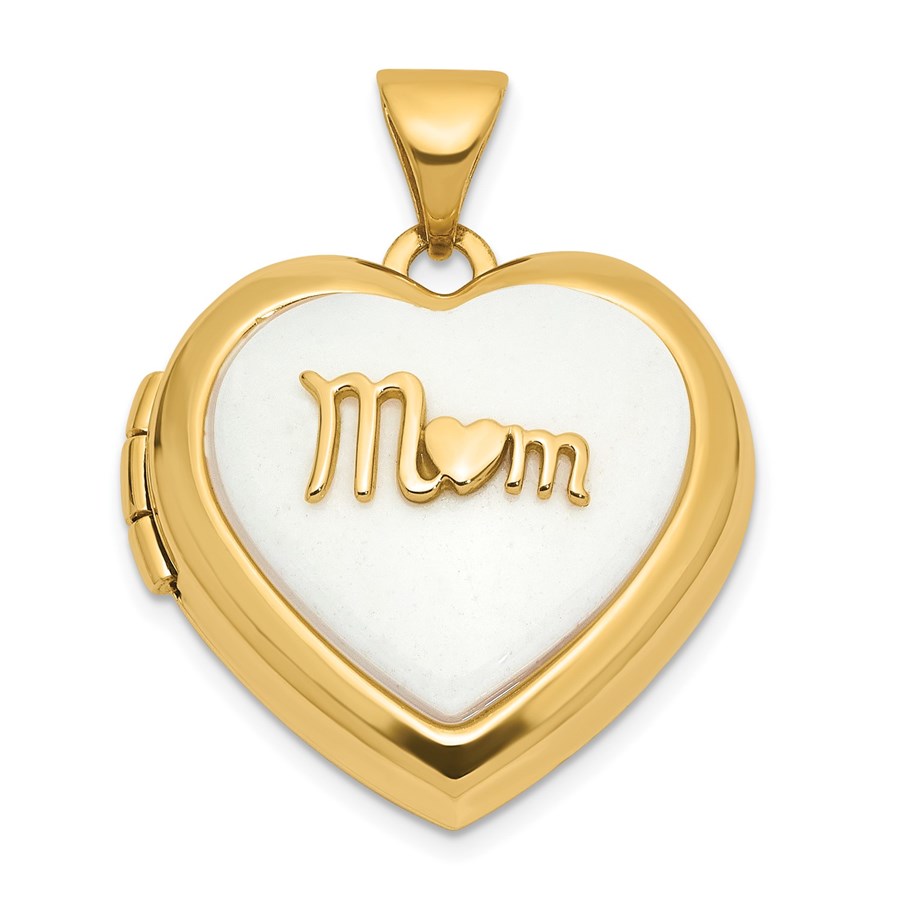 14K Yellow Gold White Agate Mom 18mm Heart Locket - 24 mm