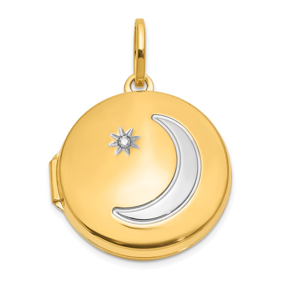 14K Yellow & Rhodium 20mm Diamond Moon & Star Locket - 28.25 mm