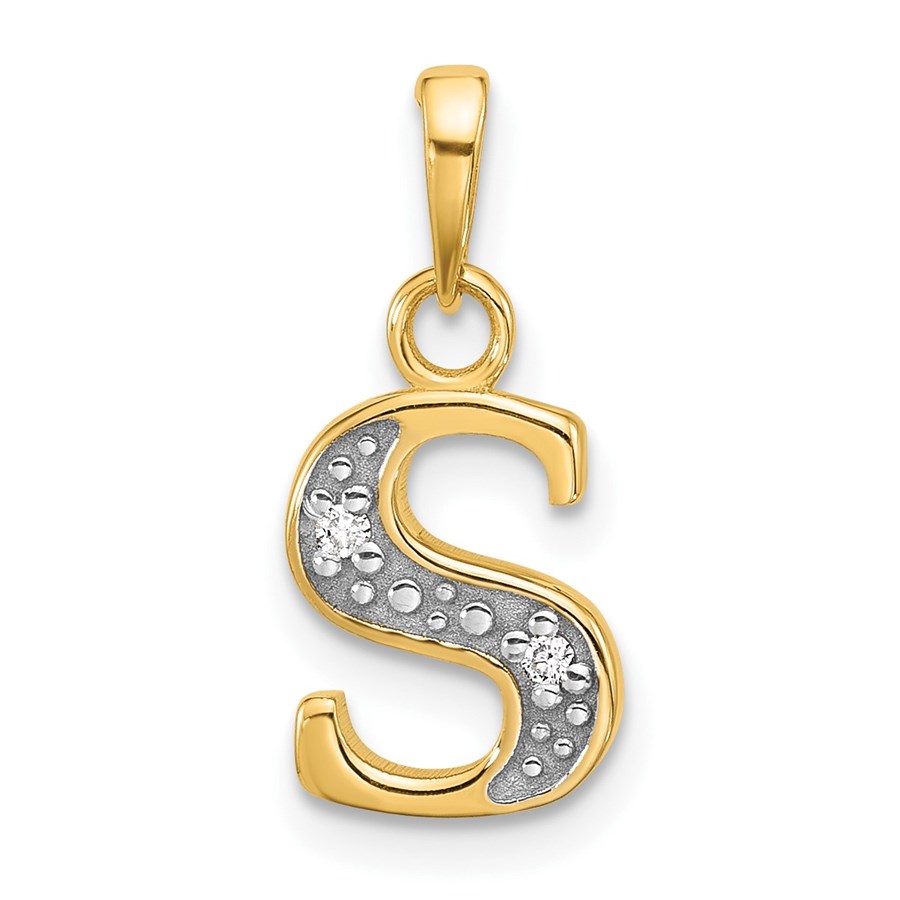 14K Yellow & Rhodium Diamond Letter S Initial Pendant - 18.5 mm