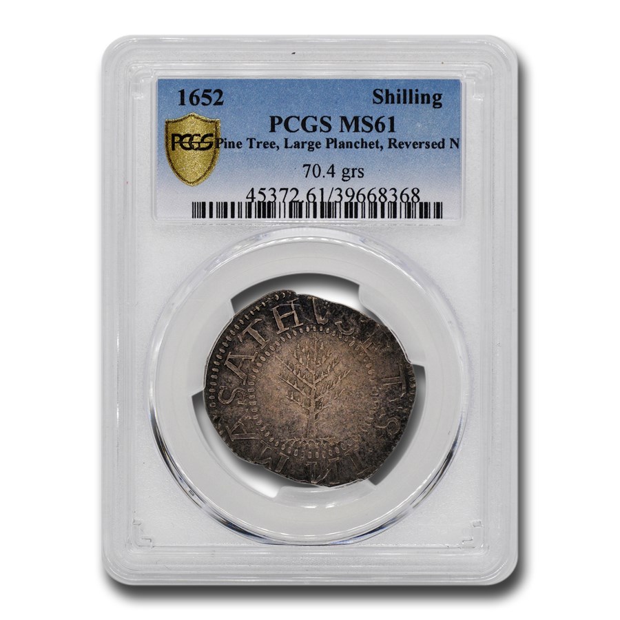 1652 Pine Tree Shilling MS-61 PCGS (Large Planchet, Rev N)