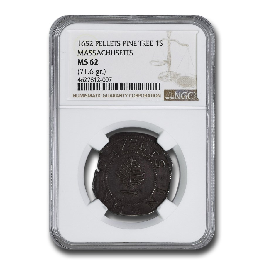 1652 Pine Tree Shilling MS-62 NGC (Large PIanchet) Pellets