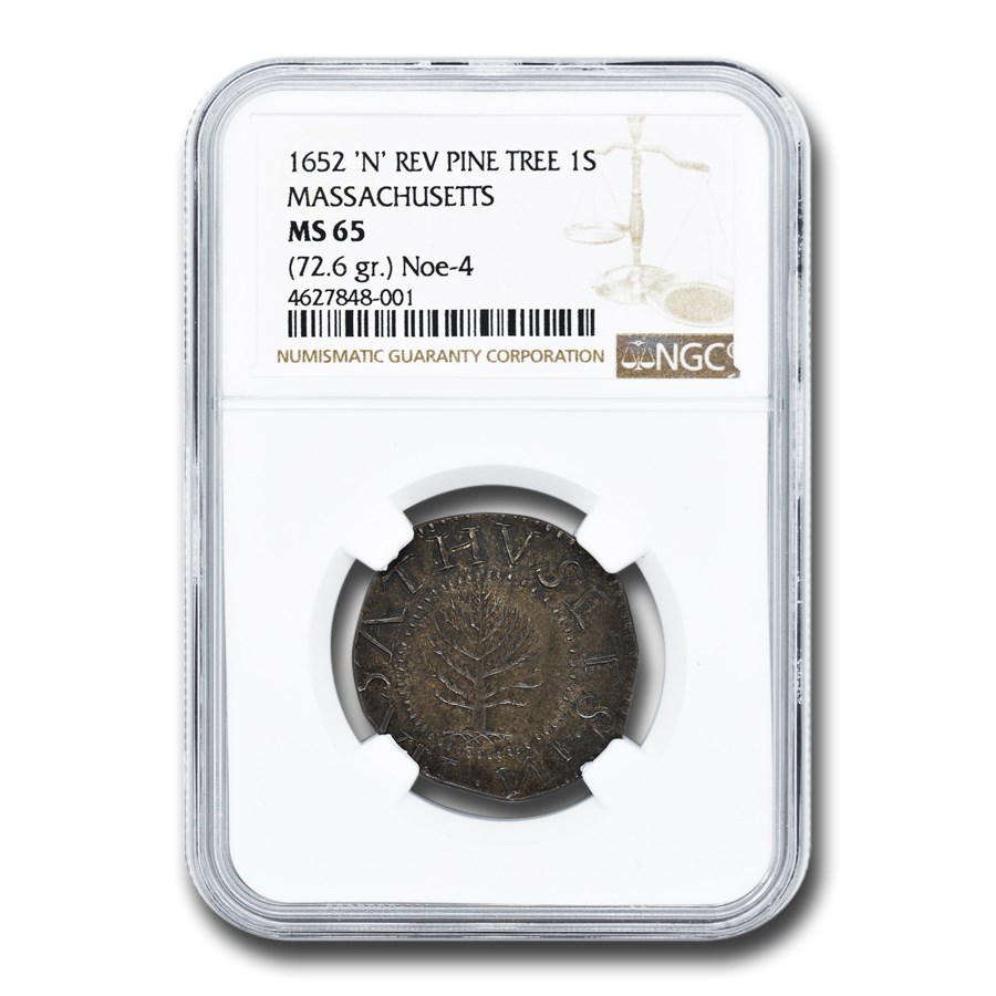 1652 Pine Tree Shilling MS-65 NGC (Rev N, Massachusetts 72.6 gr.)