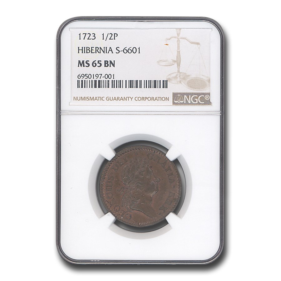 1723 Wood's Hibernia Halfpenny, Harp Right MS-65 NGC (BN S-6601)