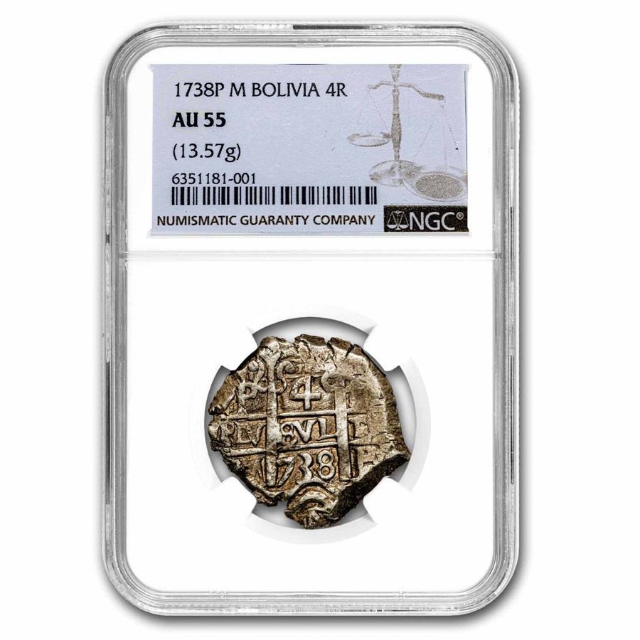 1738-P Bolivia Silver 4 Reales Cob AU-55 NGC