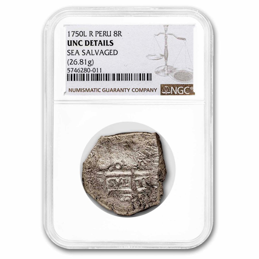 1750-L R Peru Silver 8 Reales Cob Unc Details NGC (Sea Salvaged)