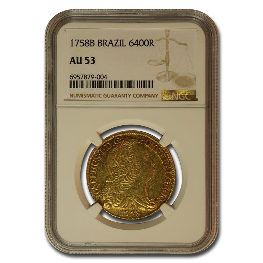 1758-B Brazil Gold 6400 Reis Jose I AU-53 NGC