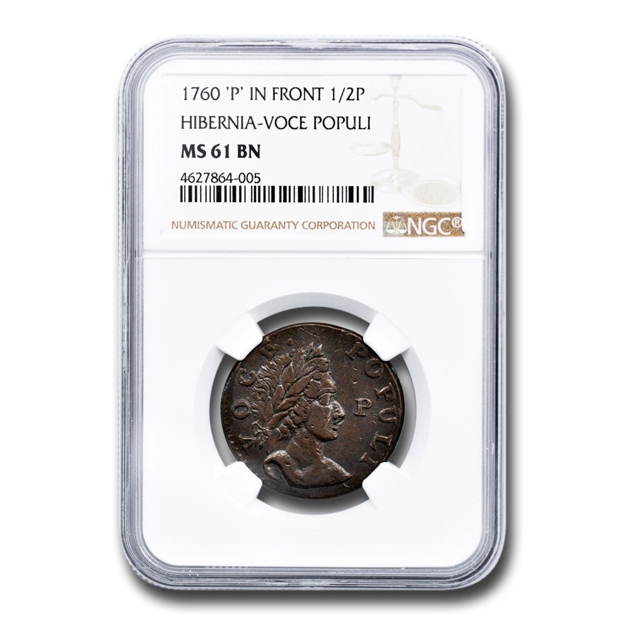 1760 Hibernia Halfpenny Voce Populi MS-61 NGC ('P' in Front, BN)