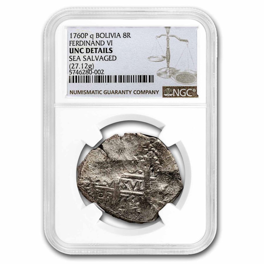 1760-P Bolivia Silver 8 Reales Cob Unc Details NGC (Sea Salvaged)