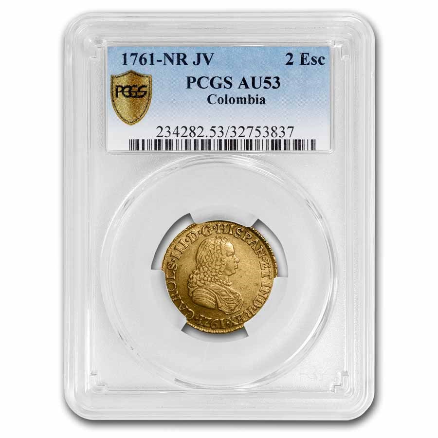 1761-NR JV Colombia Gold 2 Escudos Carlos III AU-53 PCGS