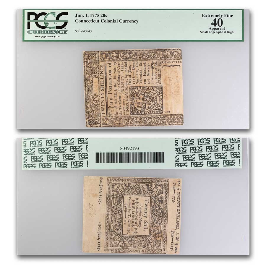 1775 20 Shillings Connecticut 6/1/75 XF-40 PCGS (Fr#CT-186) Appar
