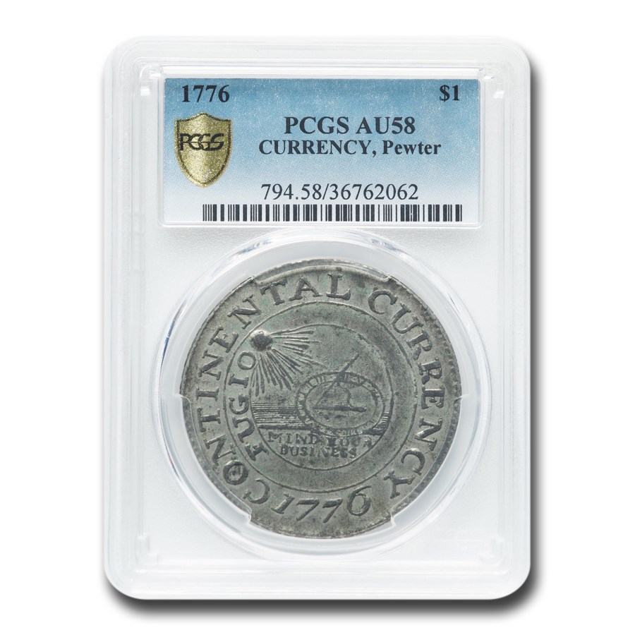 1776 Continental Currency Dollar AU-58 PCGS (Pewter)